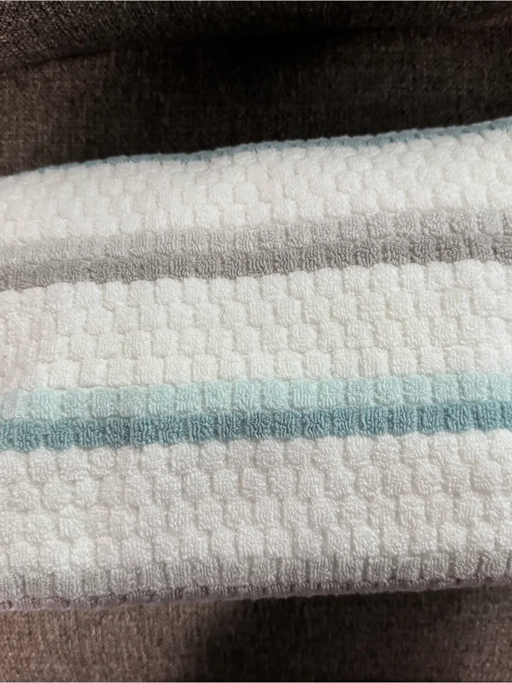 3 Soft White Waffle Weave Bath Towel with Teal and Gray Stripes Brand New
